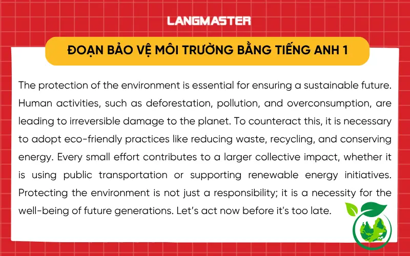 Viết đoạn văn bảo vệ môi trường bằng tiếng Anh - Đoạn mẫu 1