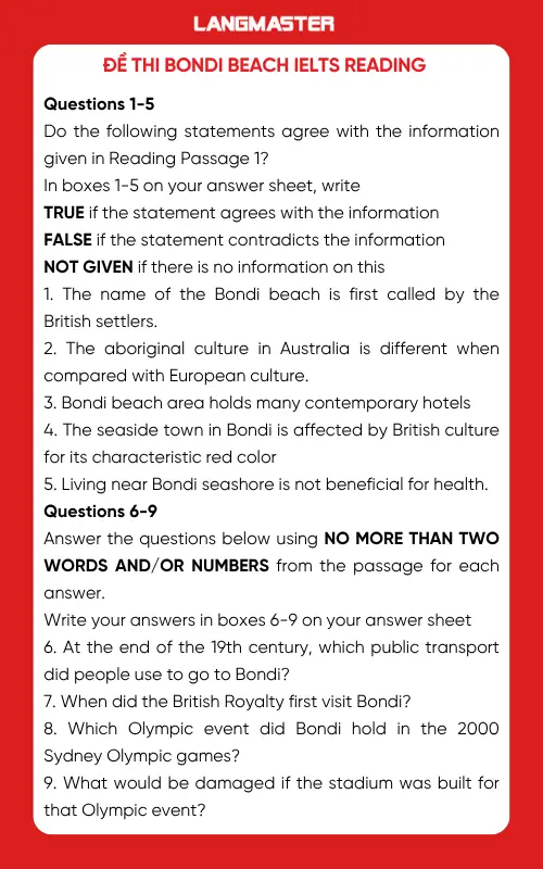 Đề thi Bondi beach IELTS Reading