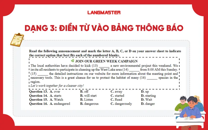 Dạng 3: Điền từ vào bảng thông báo