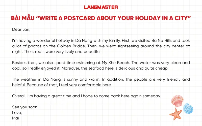 Bài mẫu “Write a postcard about your holiday in a city”