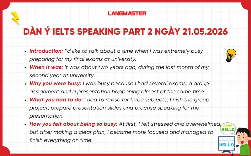 Dàn ý IELTS Speaking Part 2 ngày 21.05.2026