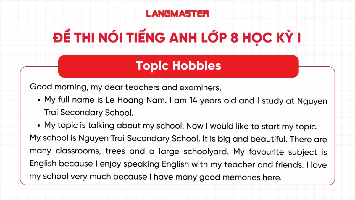 Đề thi nói tiếng Anh lớp 8 học kỳ I: Topic hobbies