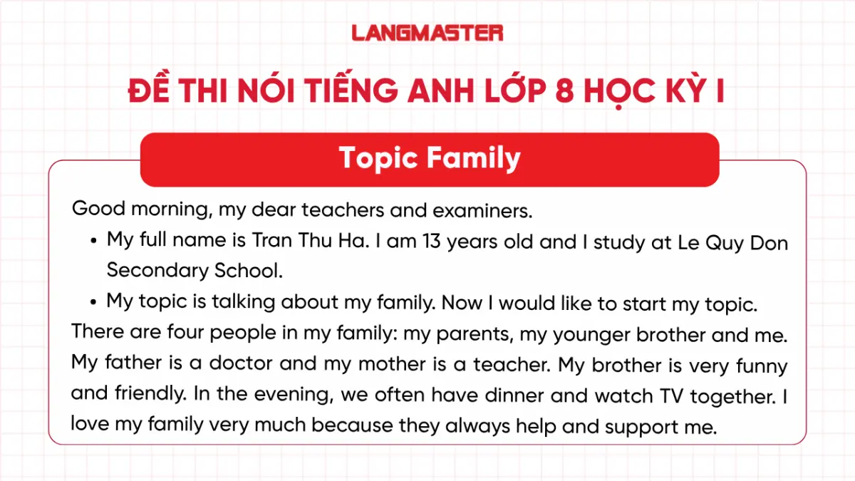 Đề thi nói tiếng Anh lớp 8 học kỳ I