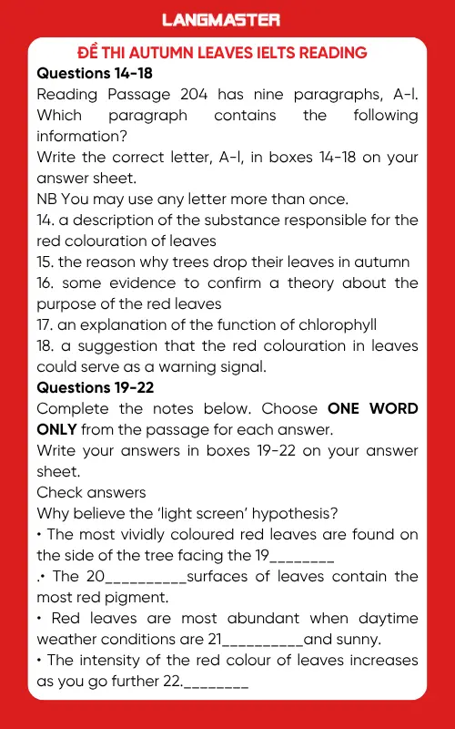 Đề thi Autumn leaves IELTS Reading