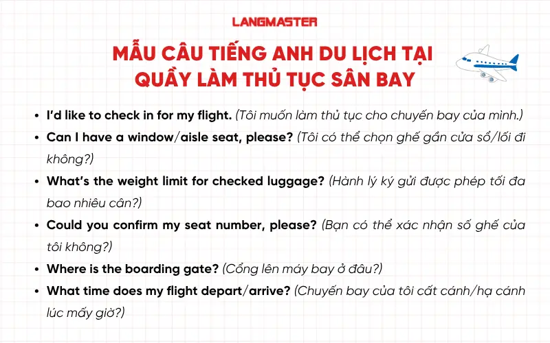 Mẫu câu tiếng Anh du lịch tại quầy làm thủ tục sân bay