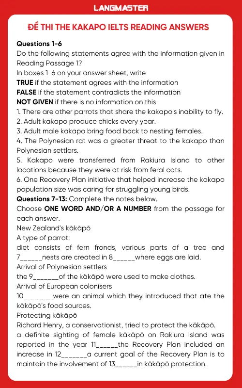 Đề thi The kakapo IELTS Reading answers