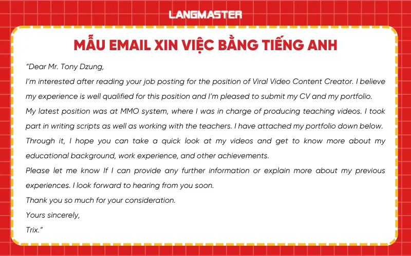 Mẫu email xin việc bằng tiếng Anh