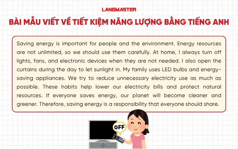 Bài mẫu viết đoạn văn tiếng Anh về tiết kiệm năng lượng
