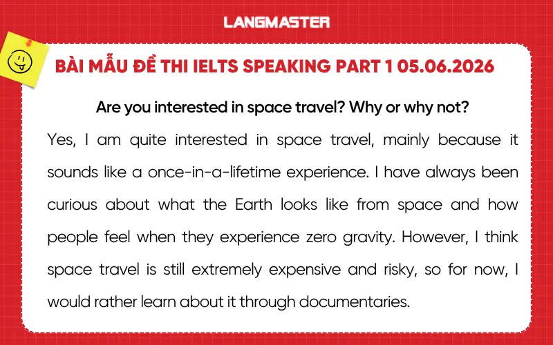 Đề thi IELTS Speaking Part 1 ngày 05.06.2026