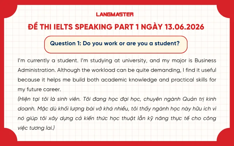 Đề thi IELTS Speaking Part 1 ngày 13.06.2026