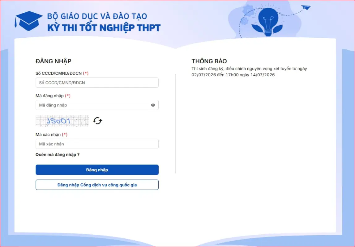 Bước 1: Đăng nhập cổng tuyển sinh của Bộ GD&ĐT