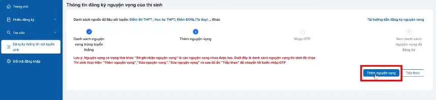 Bước 3: Thêm mới nguyện vọng xét tuyển
