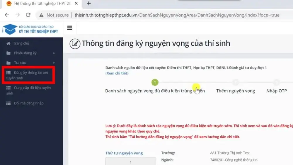 Bước 2: Tra cứu thông tin xét tuyển sớm và danh sách nguyện vọng đã đăng ký