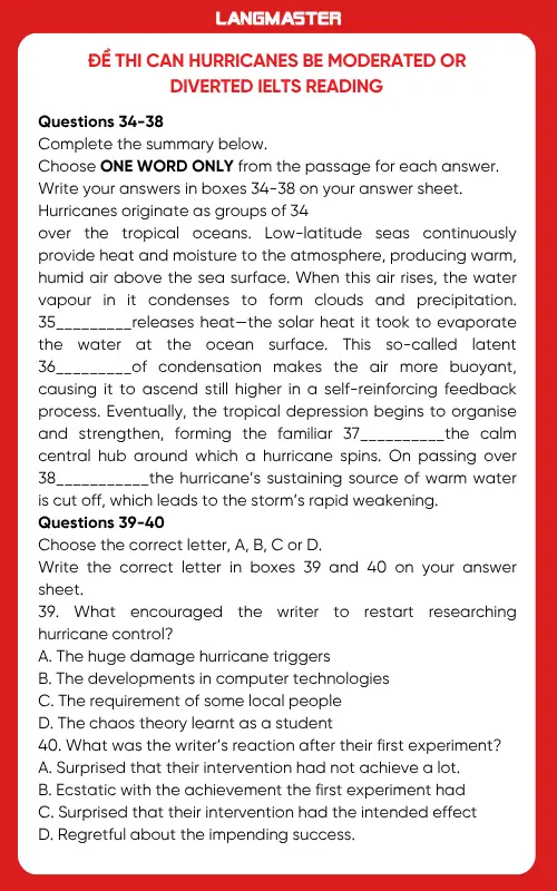 Đề thi Can hurricanes be moderated or diverted IELTS Reading