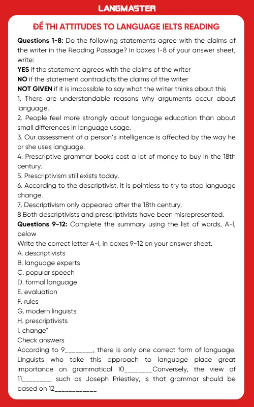 Đề thi Attitudes to language IELTS Reading