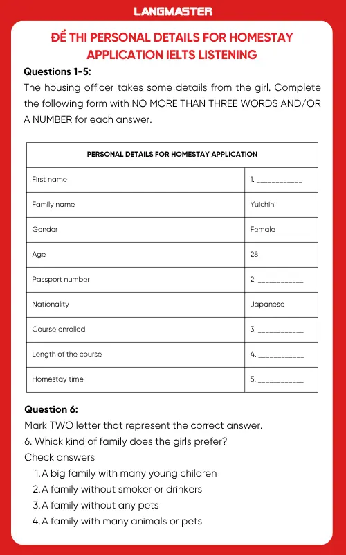 Đề thi Personal details for homestay application