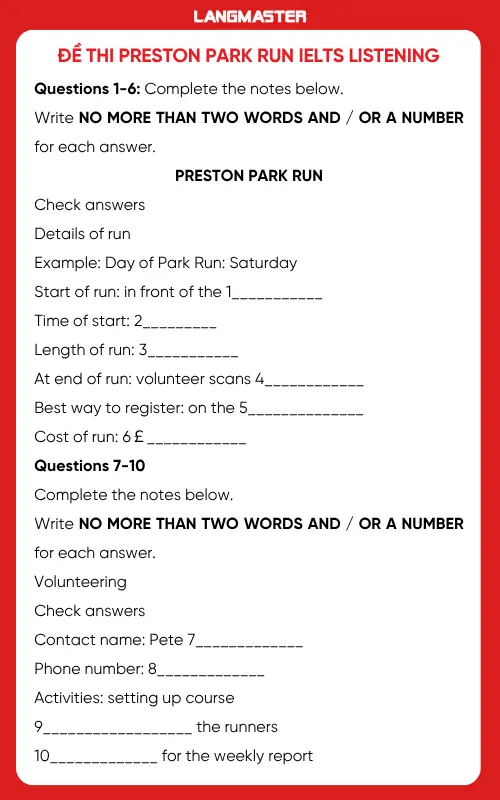 Đề thi Preston park run IELTS Listening