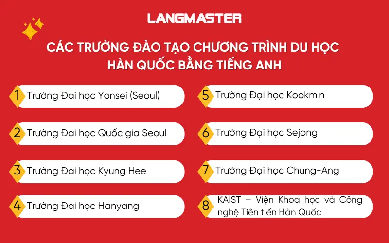 Các trường đào tạo chương trình du học 
Hàn Quốc bằng tiếng Anh