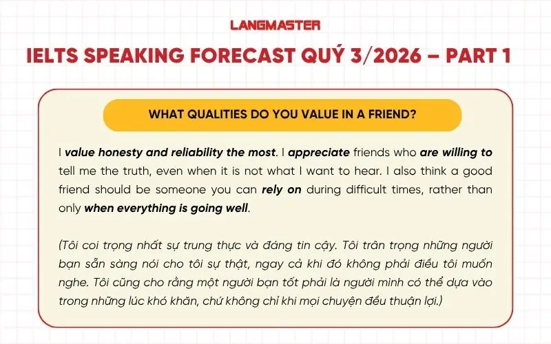 What qualities do you value in a friend ielts speaking forecast quý 3 2026