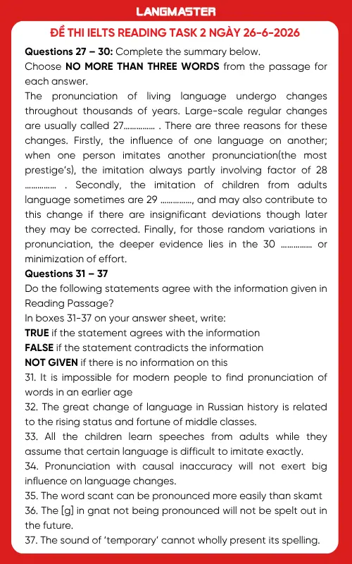 Đề thi IELTS Reading task 3 ngày 26-6-2026