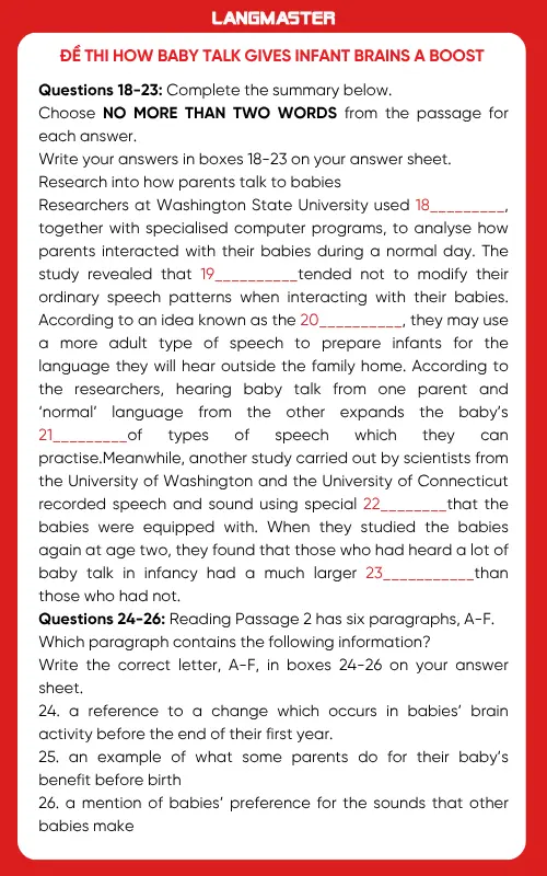 Đề thi how baby talk gives infant brains a boost IELTS Reading