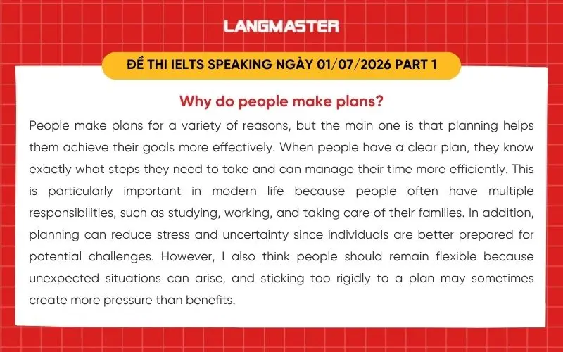 Bài mẫu IELTS Speaking ngày 01/07/2026 part 3