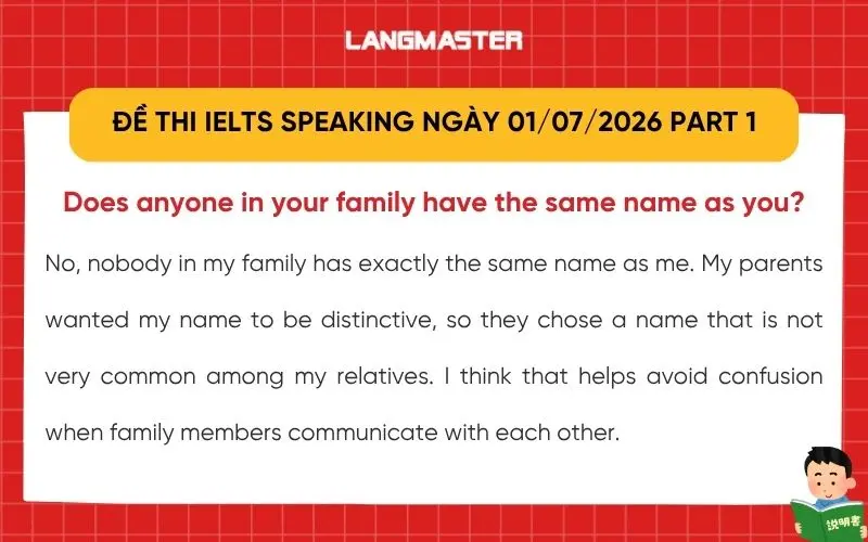 Đề thi IELTS Speaking 01/07/2026 part 1