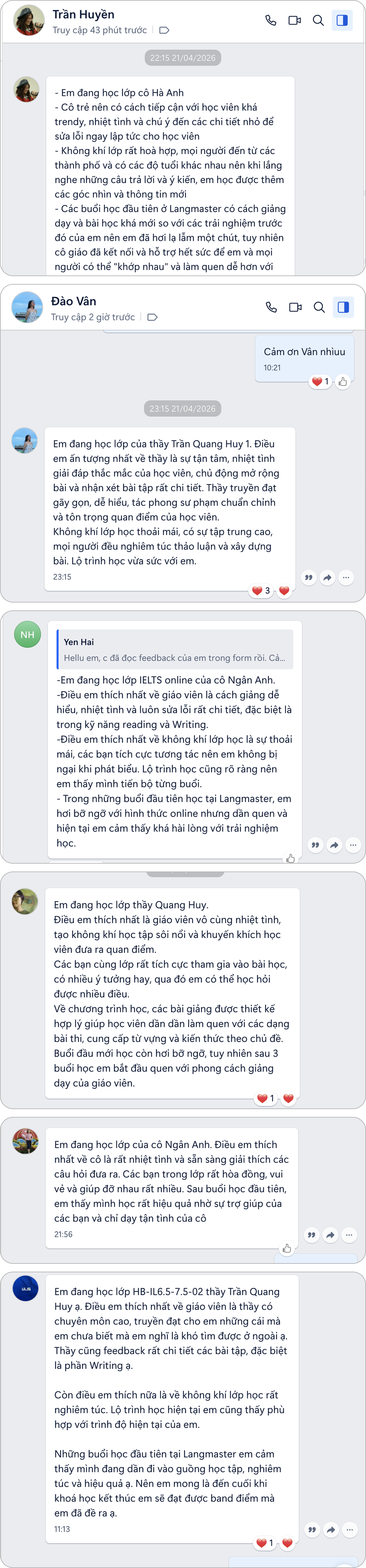 Tin nhắn cảm nhận của học viên Langmaster